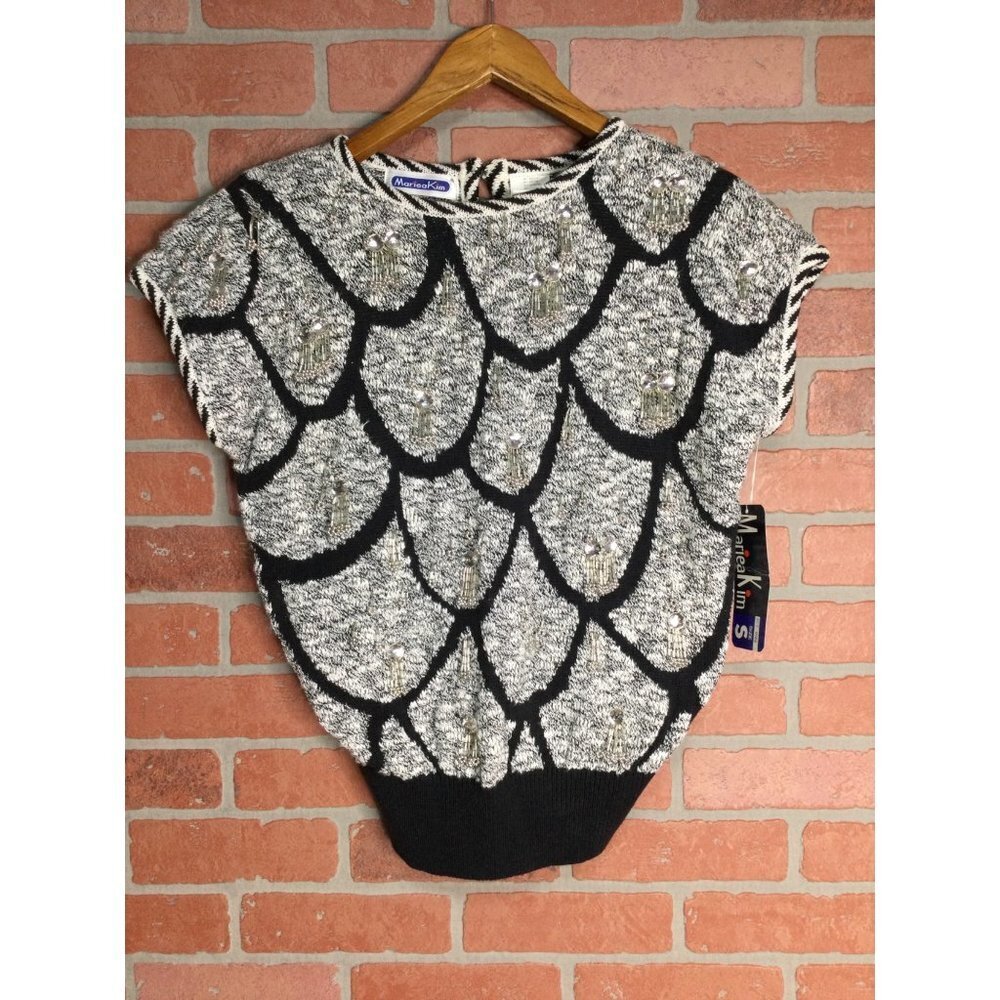 Vintage Mariea Kim Women Sweater Beaded Embellished Sleeveless Black White Small